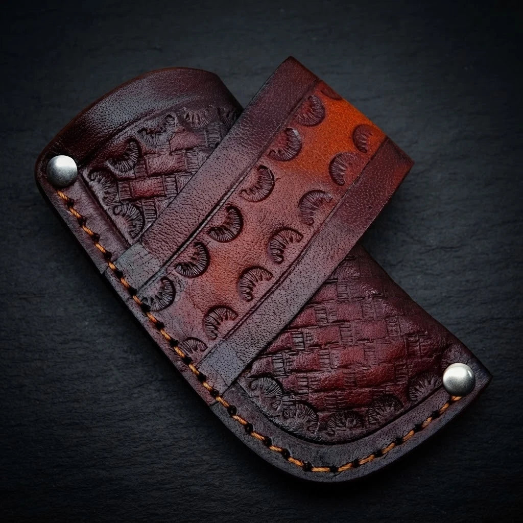 Damascus folding pocket knife with genuine leather sheath
