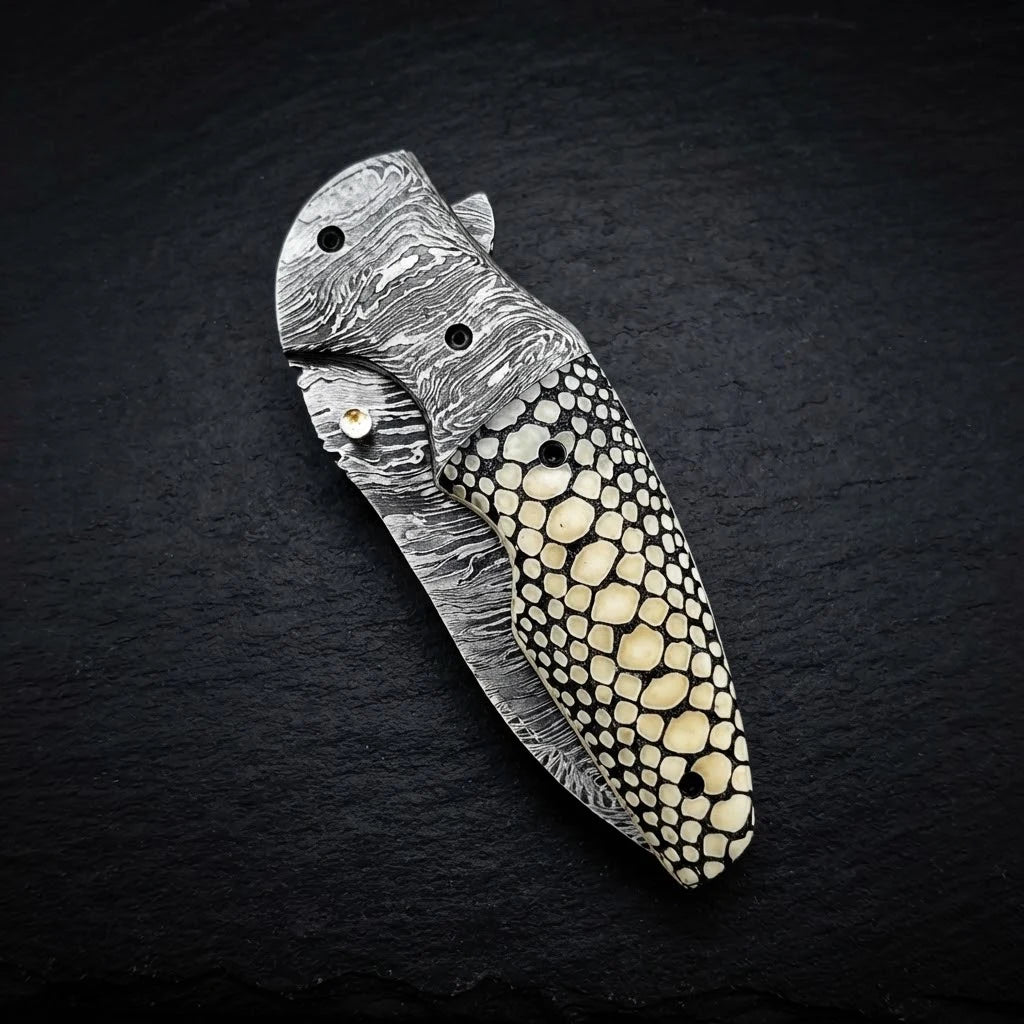 Scrimshaw camel bone folding pocket knife folded closed