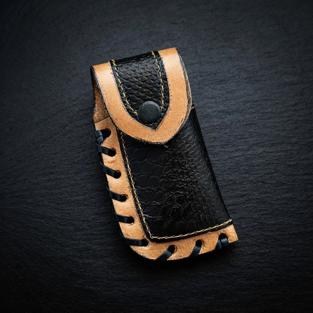 Scrimshaw camel bone folding pocket knife with genuine leather sheath