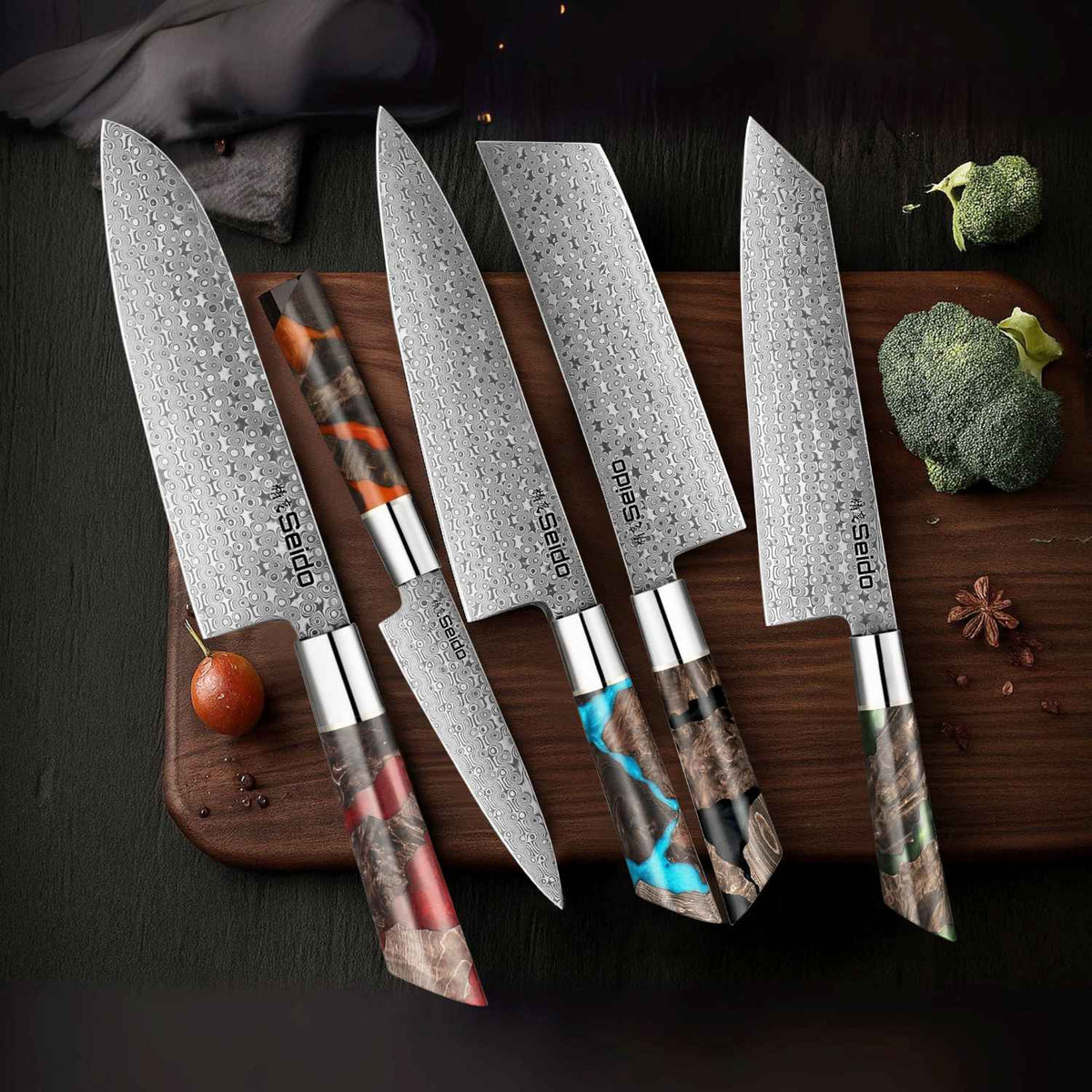Shinko Series 5-piece Japanese Damascus chef knife set laid out together
