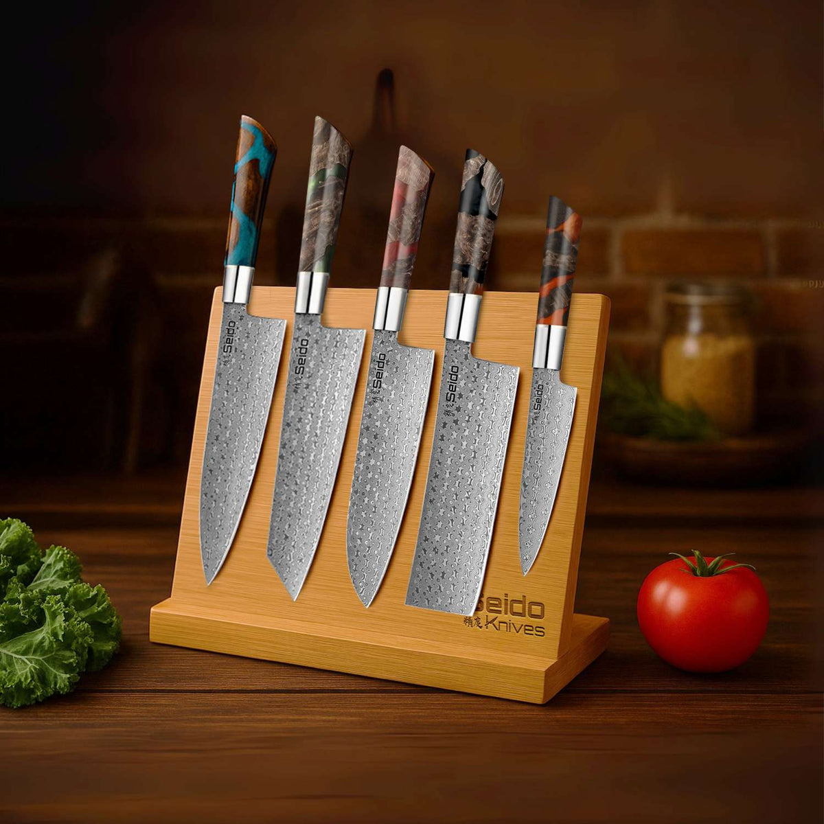 Shinko 110-layer Damascus kitchen knife set: gyuto, kiritsuke, santoku, nakiri and petty
