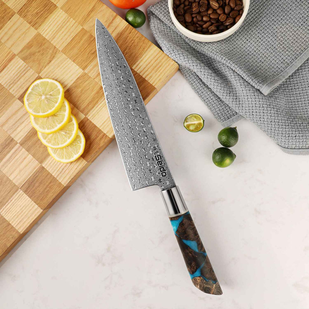 Shinko 8-inch gyuto with 110-layer Damascus blade and stabilized maple resin handle