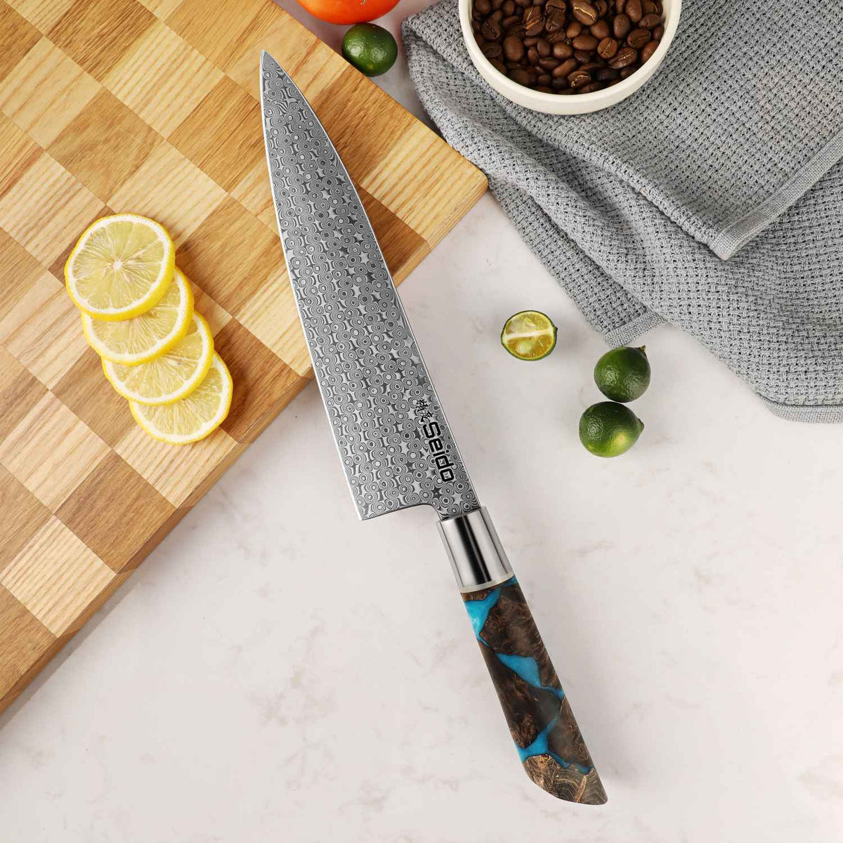 Shinko 8-inch gyuto with 110-layer Damascus blade and stabilized maple resin handle