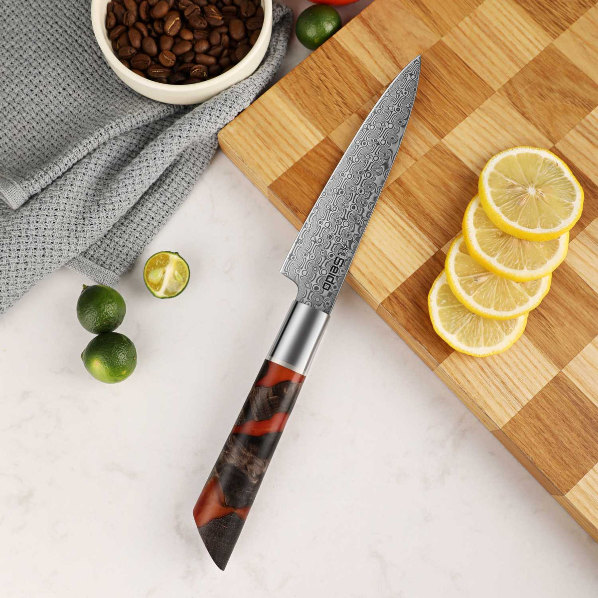 Shinko 5-inch petty knife with 110-layer Damascus blade and maple resin handle
