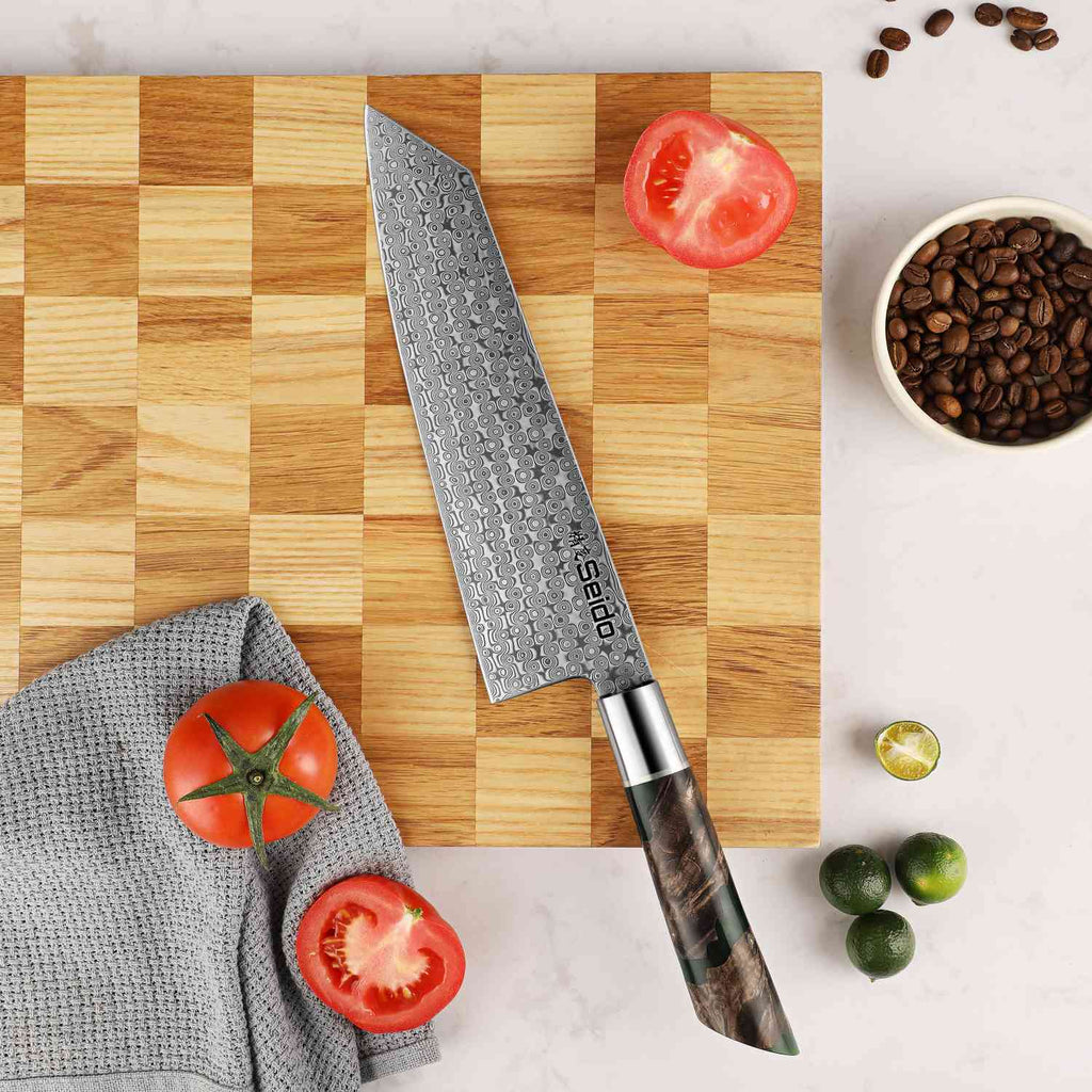 Shinko 8.5-inch kiritsuke knife with angled tip and 110-layer Damascus steel