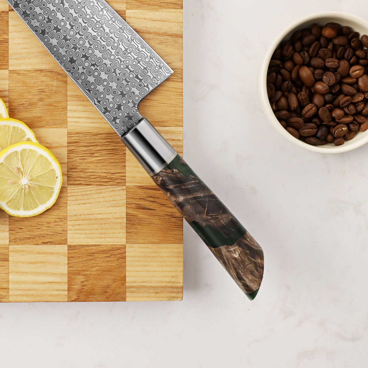 Shinko kiritsuke Japanese knife with maple resin handle and Damascus blade