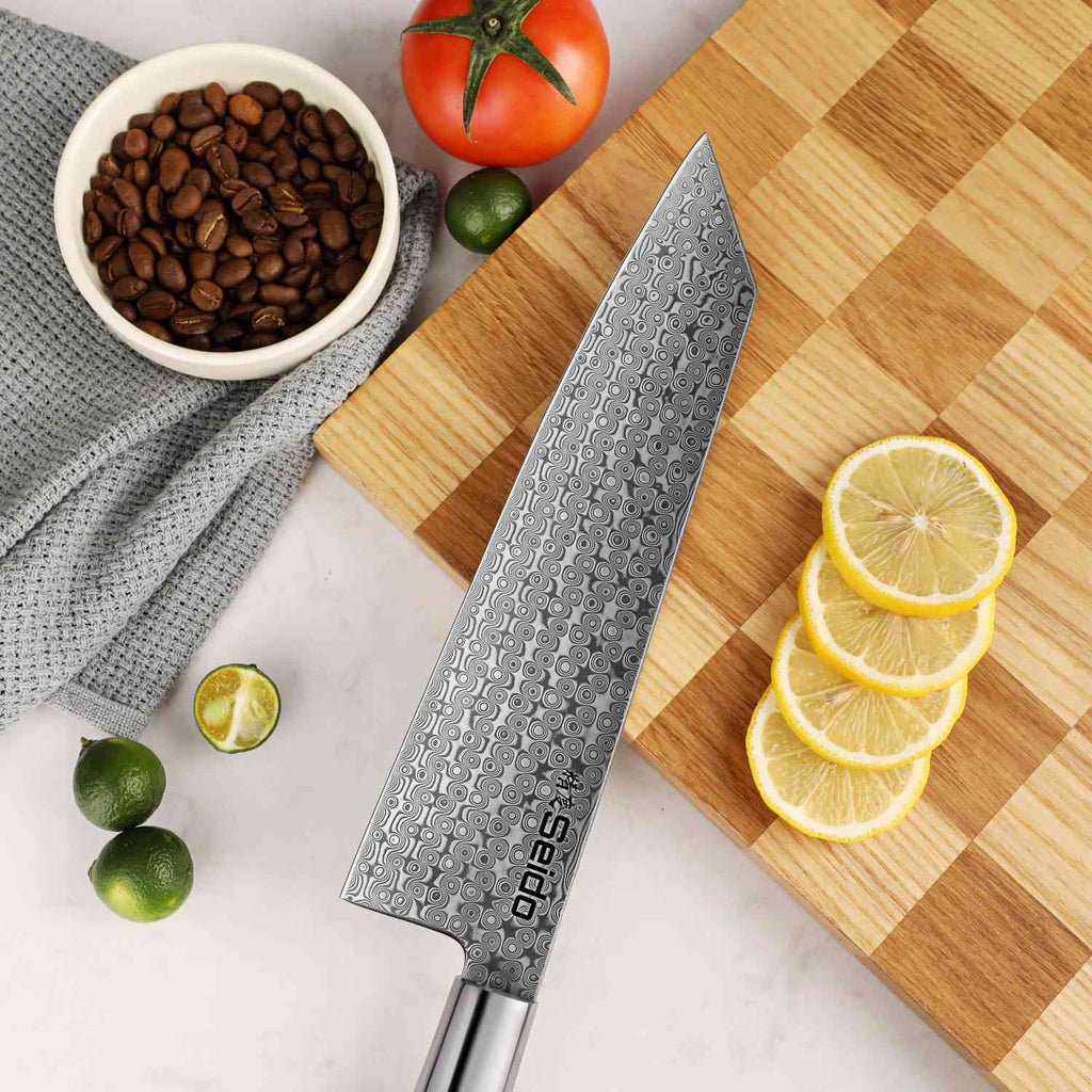 Shinko Damascus kiritsuke knife, full-tang hand-forged construction