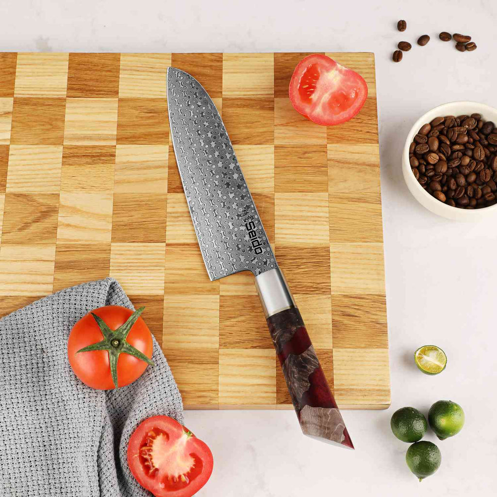 Shinko 7-inch santoku knife with 110-layer AUS-10 and VG-10 Damascus blade