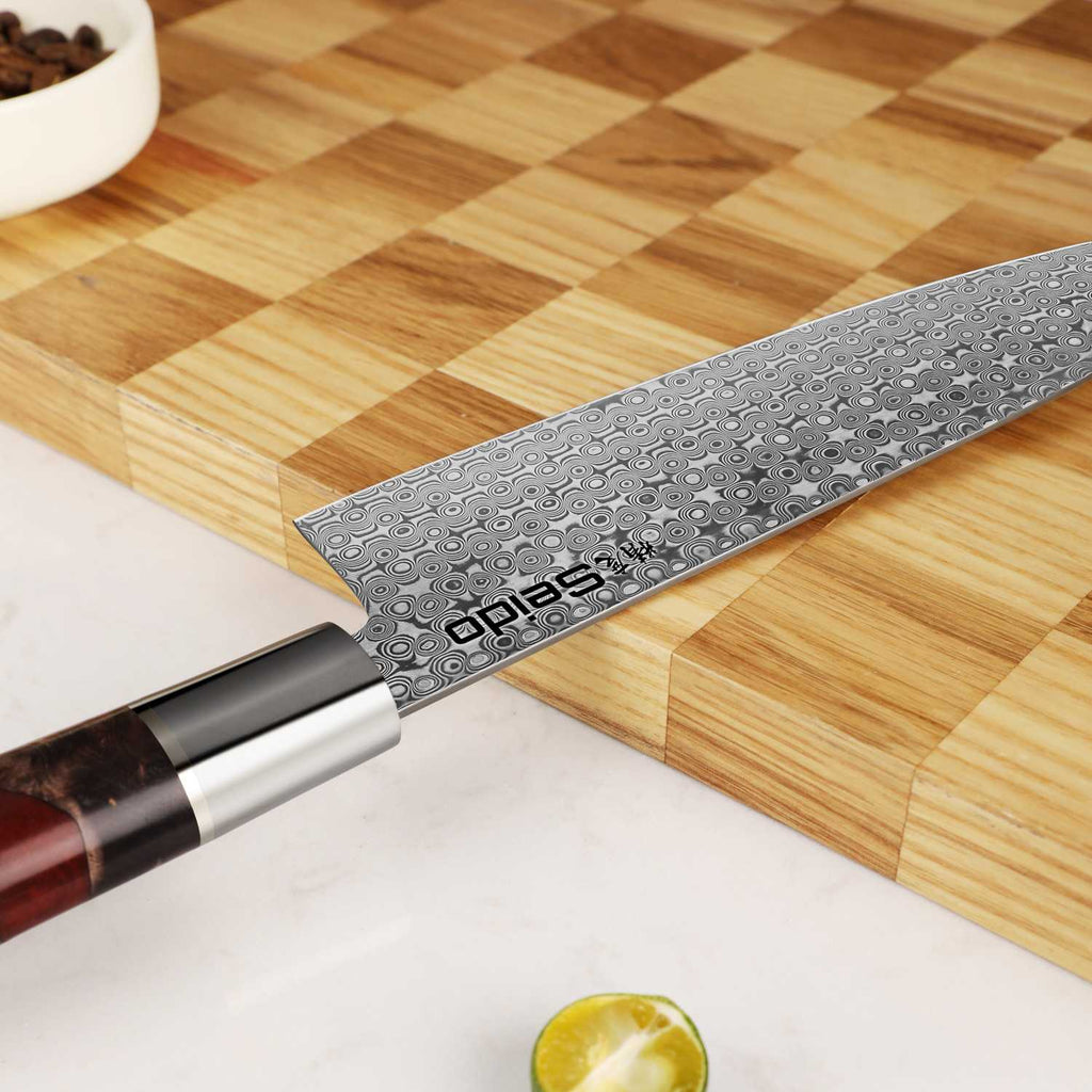 Shinko Damascus santoku knife with stabilized maple resin handle