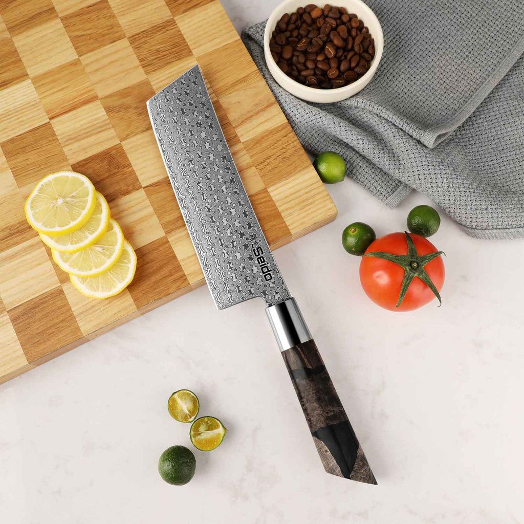 Shinko 7-inch nakiri vegetable knife with 110-layer Damascus steel