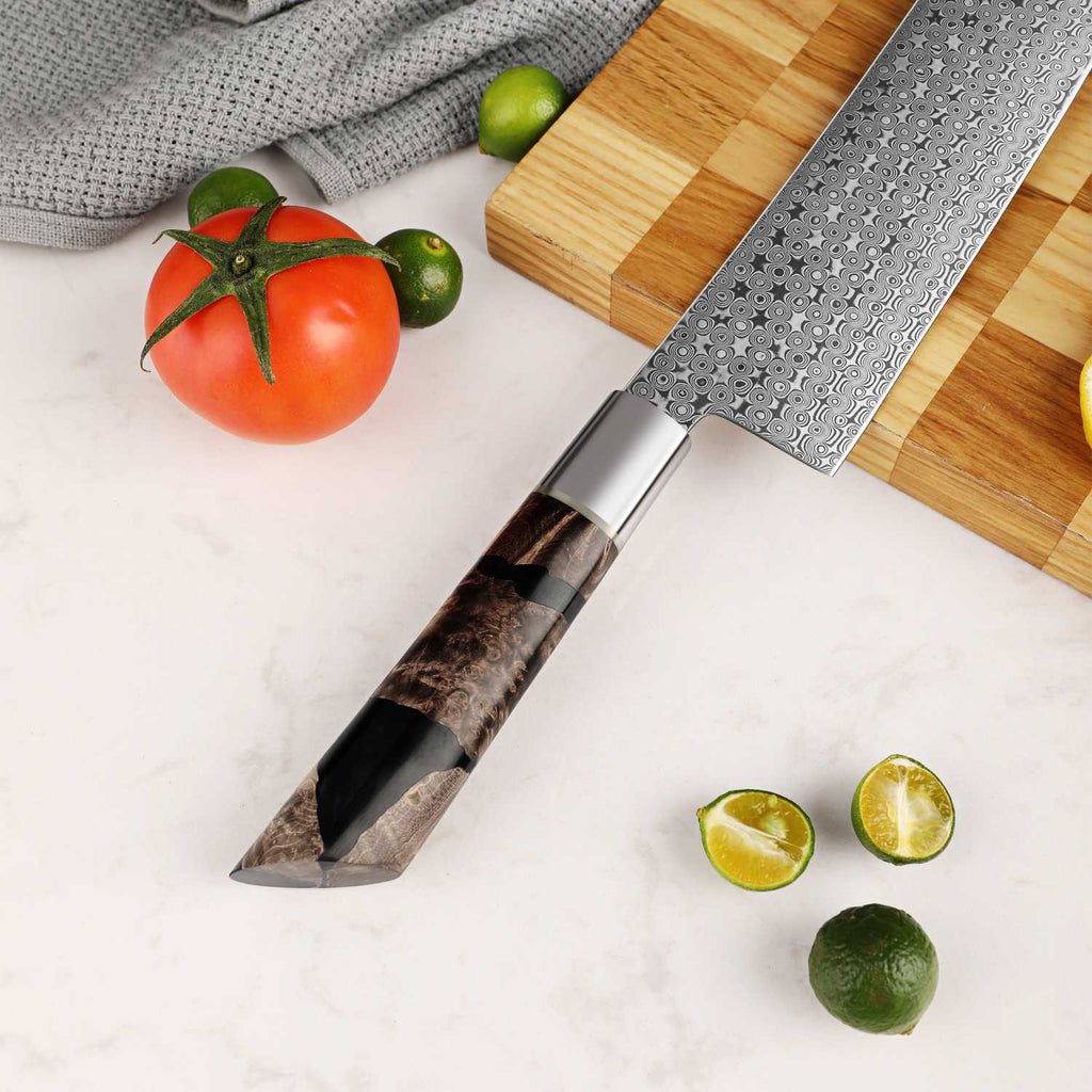 Shinko Damascus nakiri knife with flat blade profile and maple resin handle