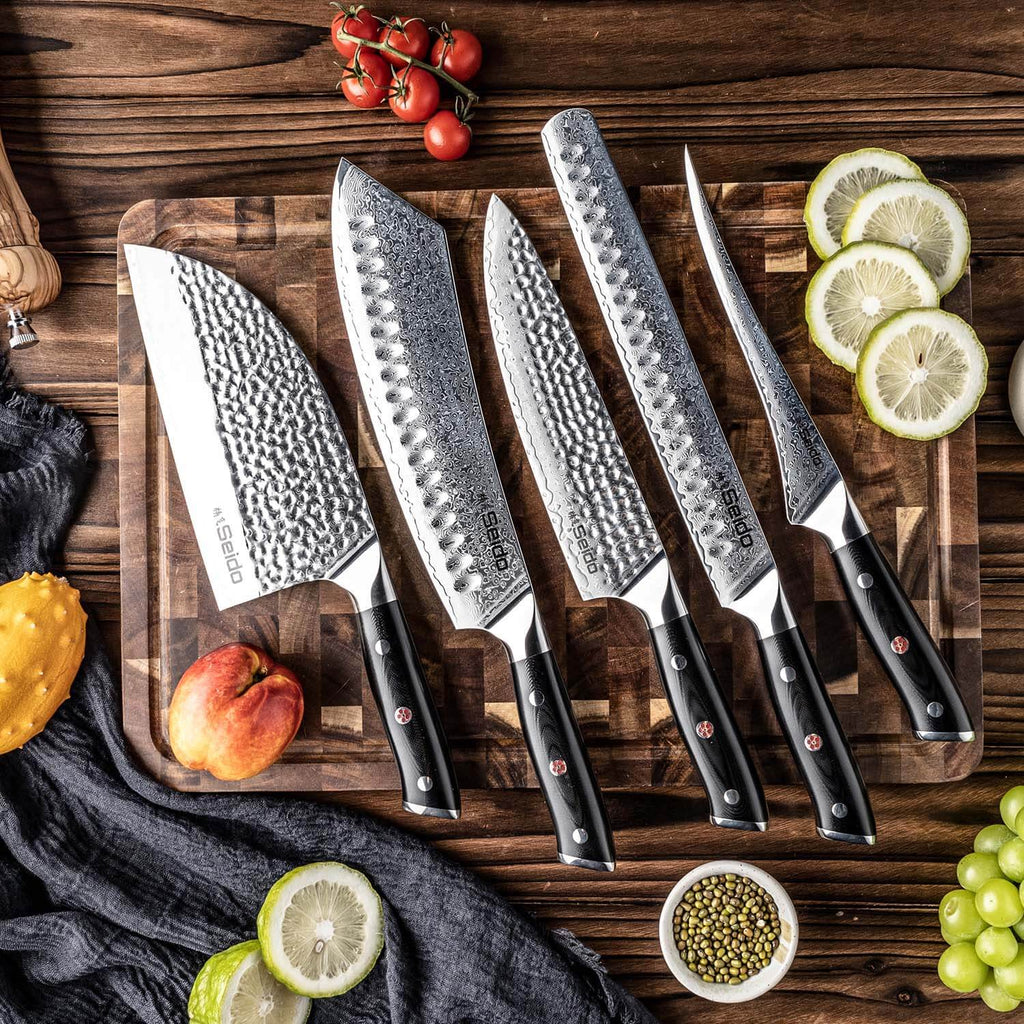 Shujin VG10 Damascus 5-piece butcher knife set with black G10 handles