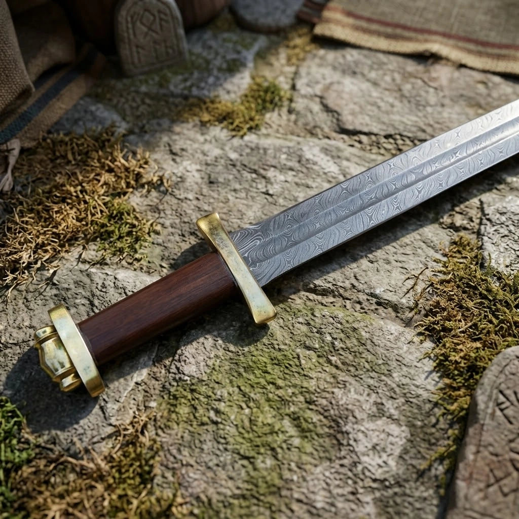 Close-up of a hand-forged Viking sword featuring a detailed Damascus steel pattern blade, brass crossguard, and dark wooden handle resting on mossy stones. Authentic Norse collectible for buyers in USA and Europe.