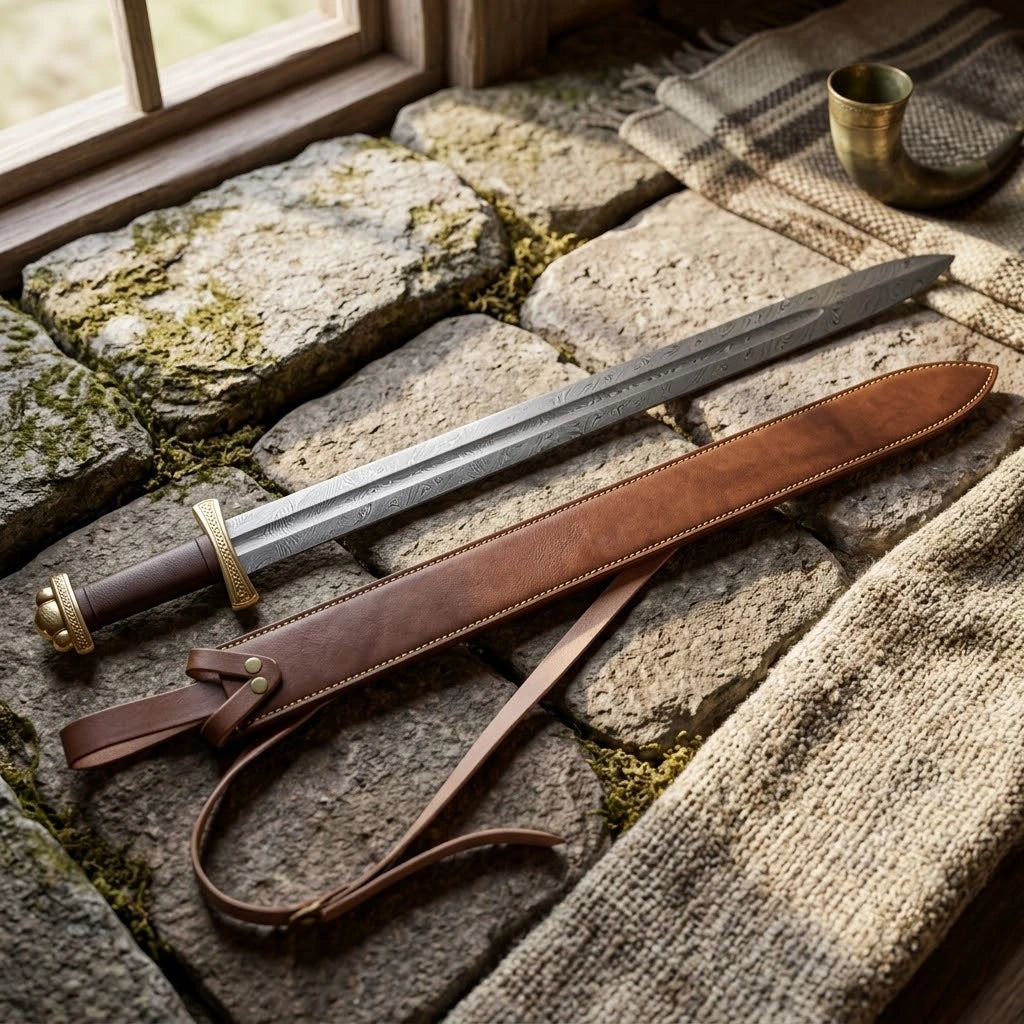 Hand-forged Damascus steel Viking sword displayed with its premium brown leather scabbard and a traditional drinking horn on a rustic stone background. Authentic Norse sword replica for collectors in the USA and Europe.