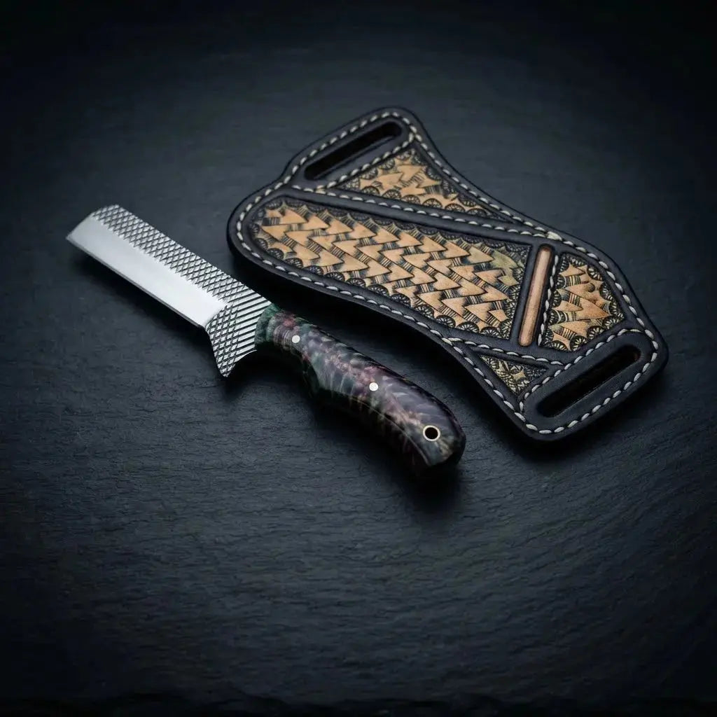 Compact stone handle bull cutter knife with cross-draw leather sheath
