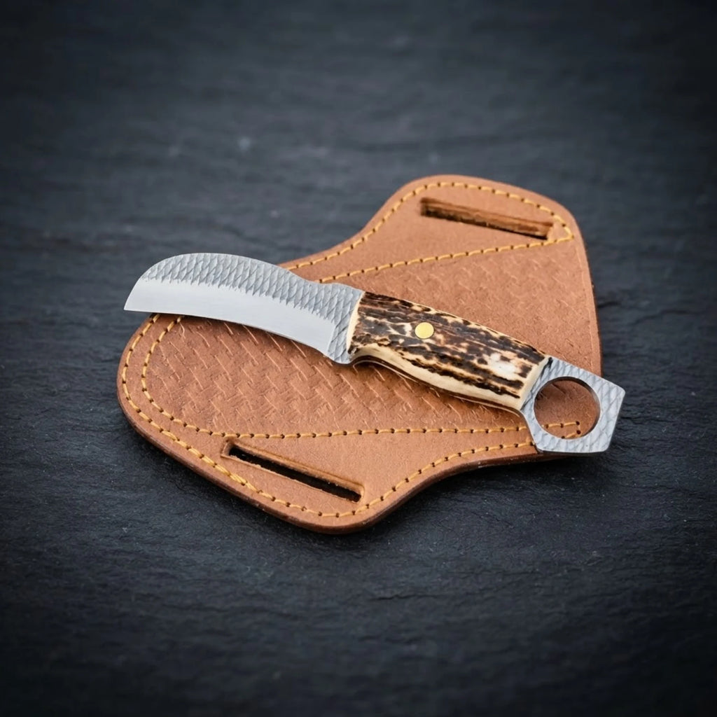 Handmade hawkbill knife with natural stag horn handle and ring pommel