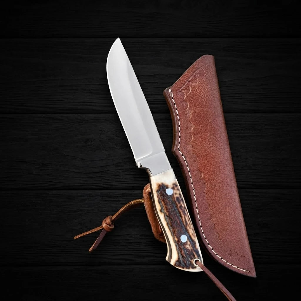 Stag Ridge Hunter D2 steel hunting knife with a natural stag horn handle and brass lanyard hole, displayed next to its brown leather sheath on a dark wood background.