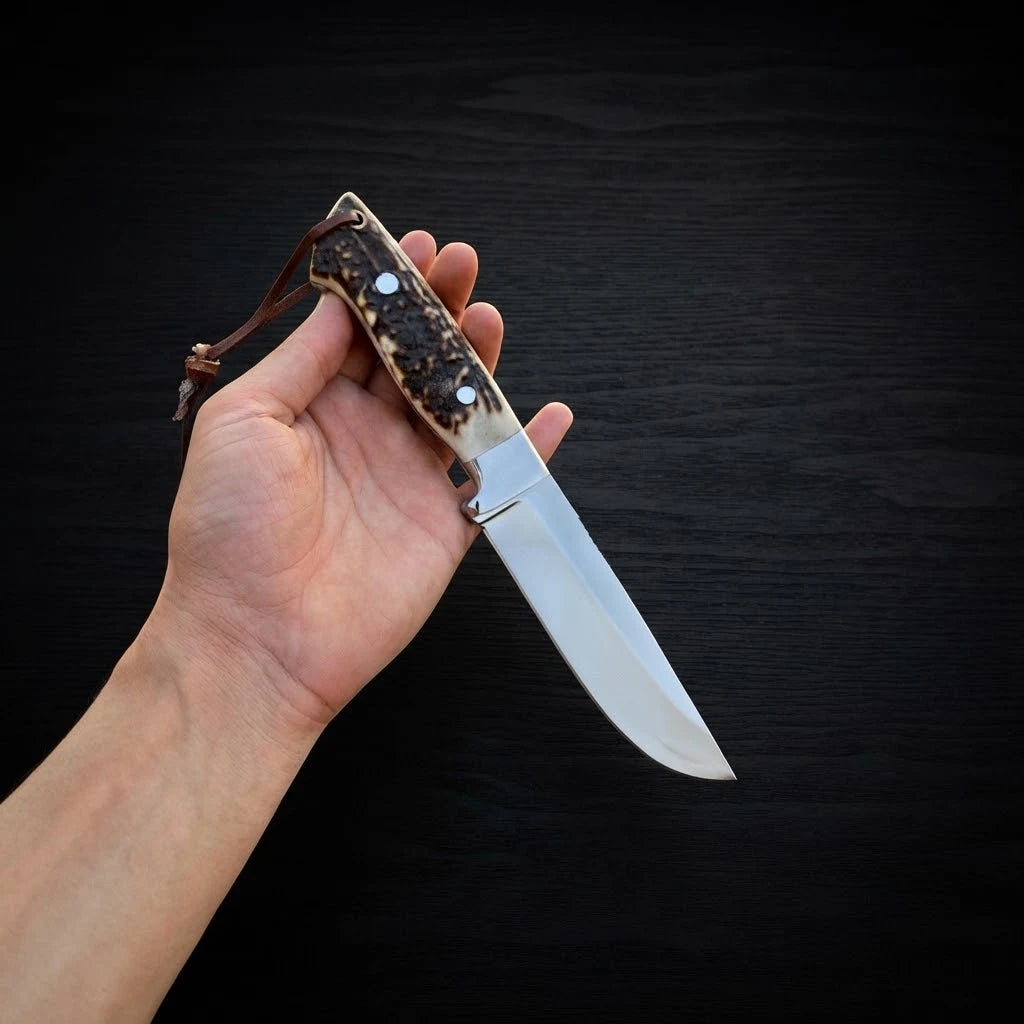 A hand holding the Stag Ridge Hunter D2 steel hunting knife diagonally, showcasing the polished blade, authentic stag horn handle, and leather lanyard over a dark wood background