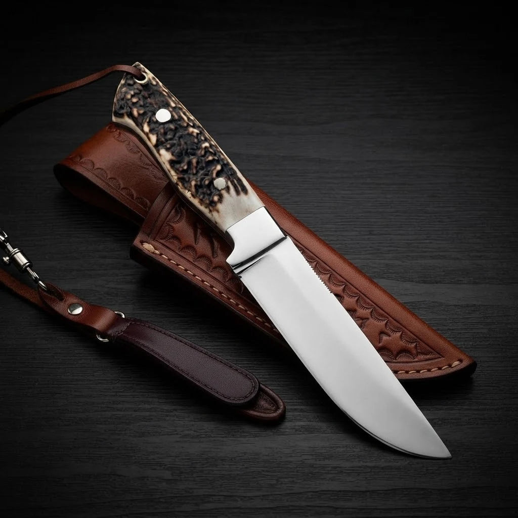 Stag Ridge Hunter D2 steel hunting knife resting flat on its stamped brown leather sheath with leather lanyard strap, over a dark wood background.