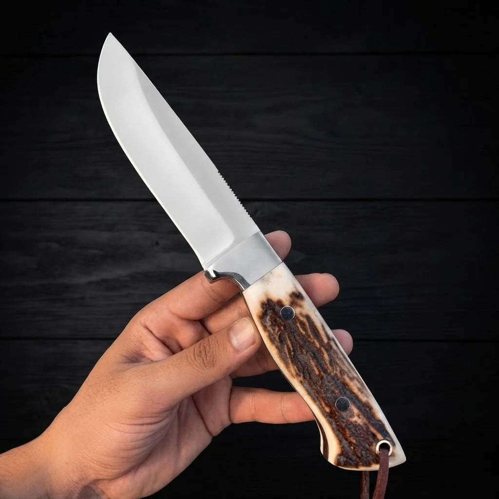 A hand holding the Stag Ridge Hunter D2 steel hunting knife, highlighting the natural textured stag horn handle and satin-finished blade against a dark wood background.