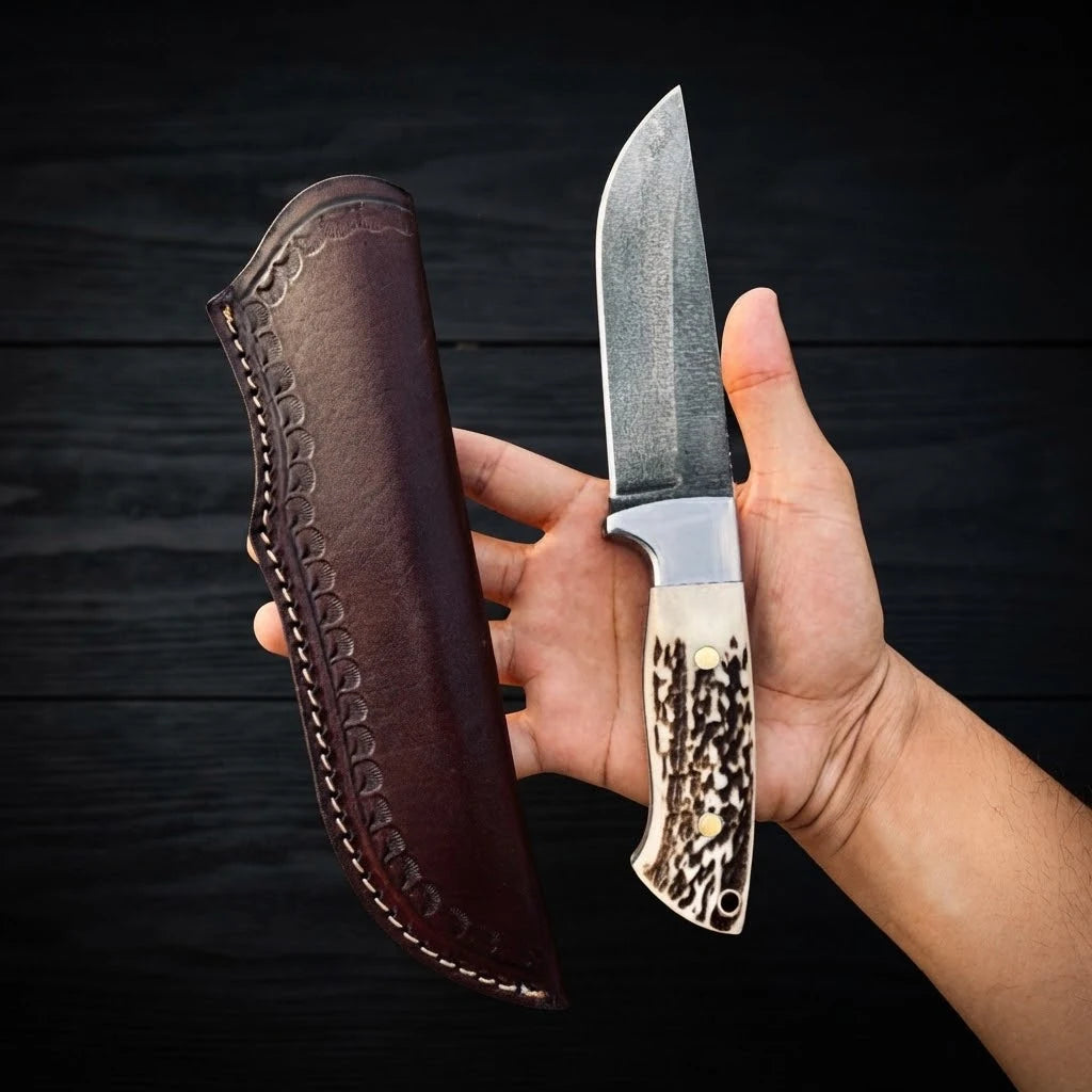 Handholding the Stag Ridge Hunter handmade hunting knife alongside its custom stamped brown leather sheath against a dark wooden background.