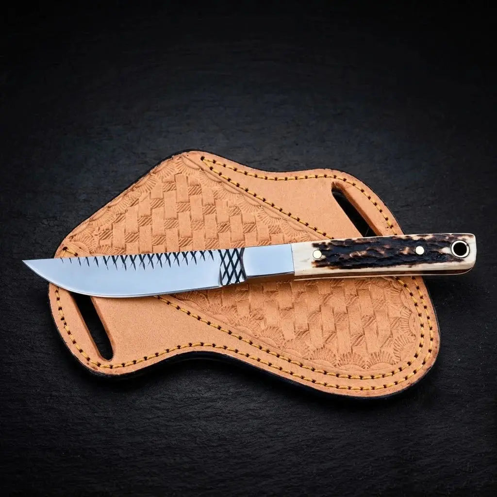 Stagmere rasp steel skinner knife with natural stag horn handle