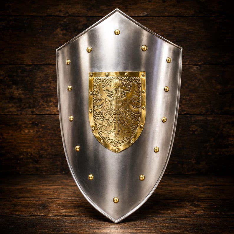 Steel Medieval Heater Shield with brass eagle emblem