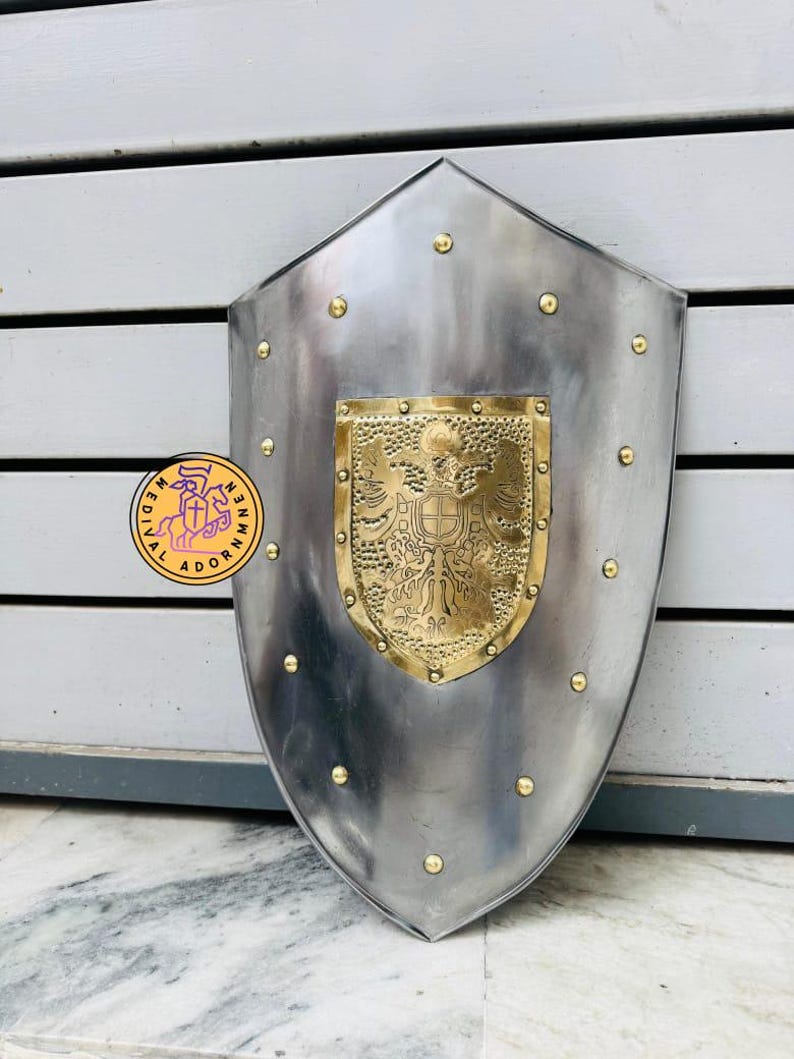 Steel Medieval Heater Shield with brass eagle emblem – ornate brass eagle heraldic emblem