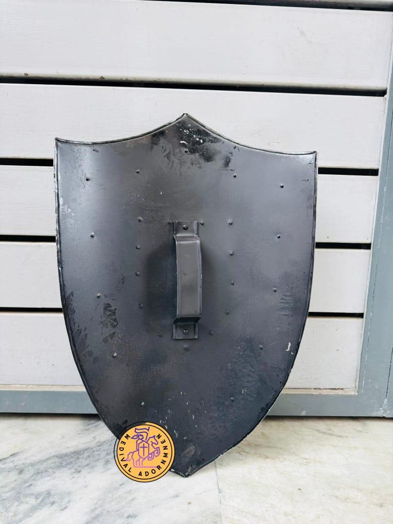 Steel Medieval Heater Shield with brass eagle emblem – hand-polished steel with riveted construction
