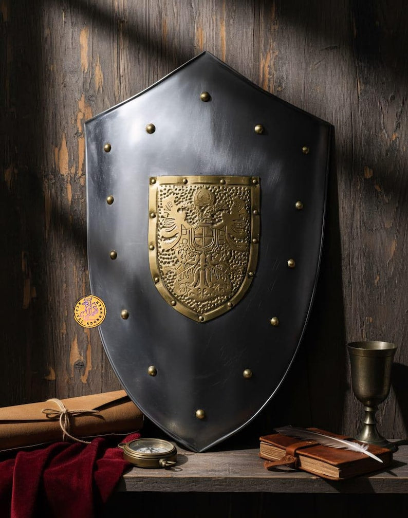 Steel Medieval Heater Shield with brass eagle emblem – ornate brass eagle heraldic emblem
