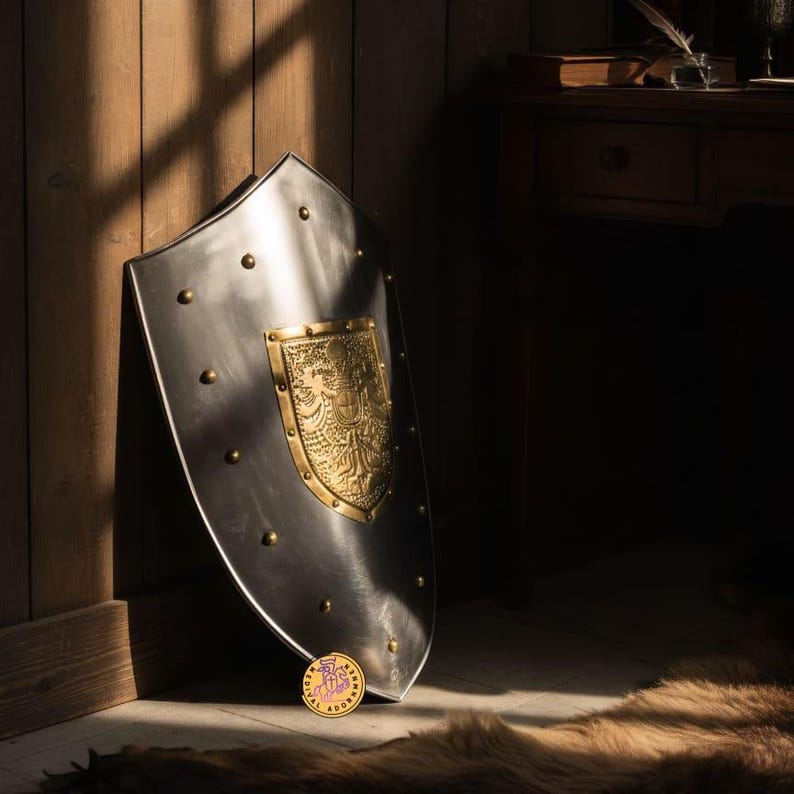 Steel Medieval Heater Shield with brass eagle emblem – hand-polished steel with riveted construction