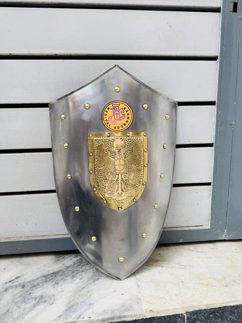 Steel Medieval Heater Shield with brass eagle emblem – medieval heater shield style