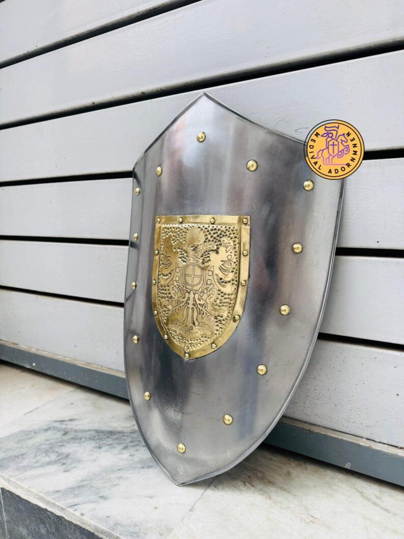 Steel Medieval Heater Shield with brass eagle emblem – ornate brass eagle heraldic emblem