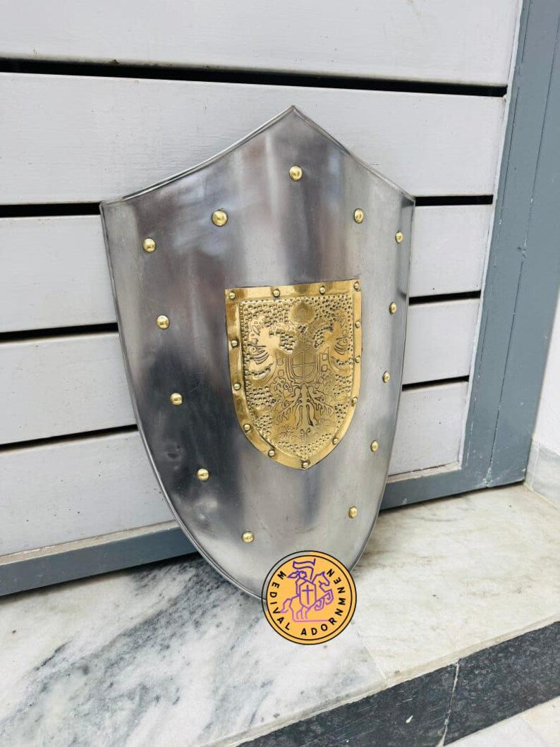 Steel Medieval Heater Shield with brass eagle emblem – hand-polished steel with riveted construction