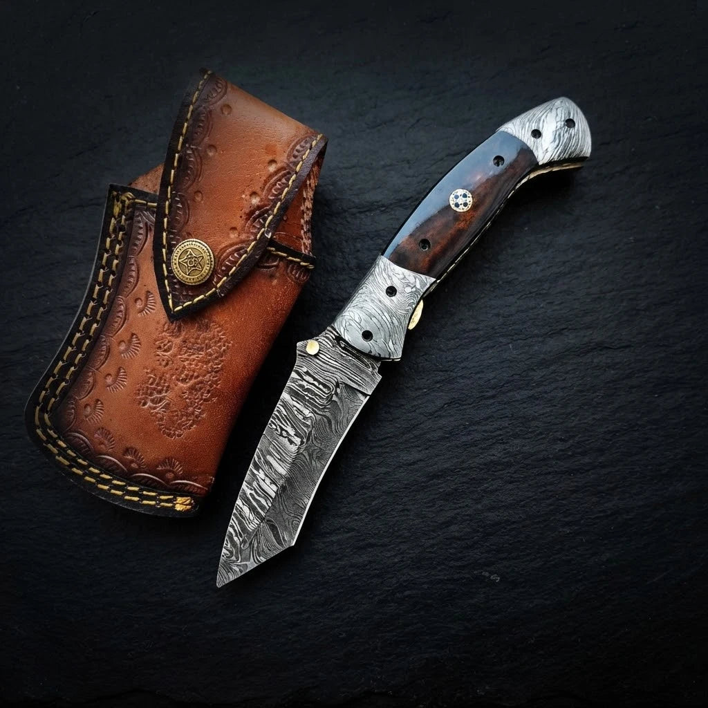 Damascus tanto folding knife with camel bone handle and double Damascus bolster – full view
