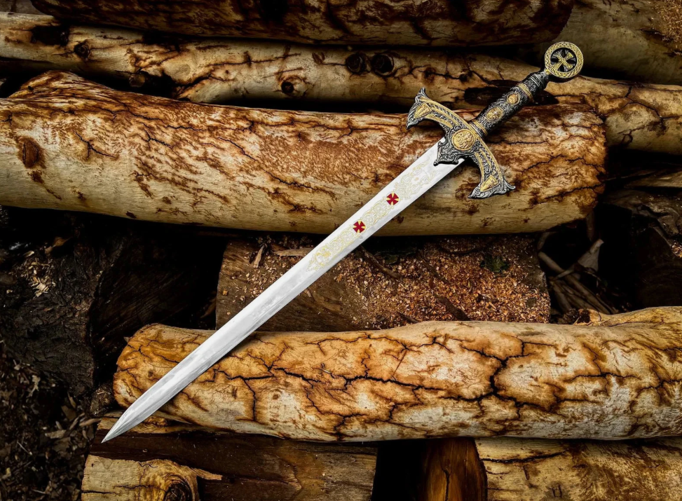 Close-up photo of a decorative Templar Knight medieval sword from image.png, featuring an intricate gold and steel handle, a cross-engraved blade, and resting on rustic stacked logs