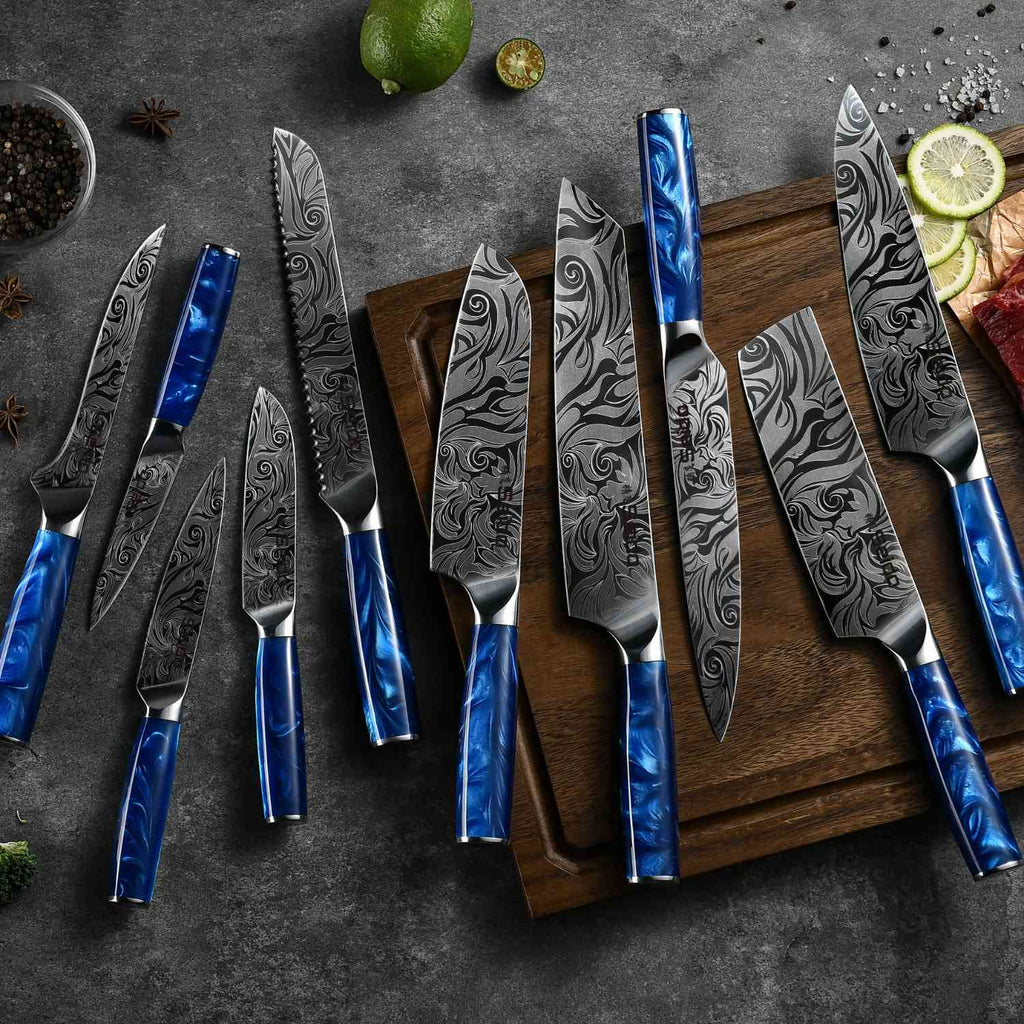 Tengoku 10-piece Japanese chef knife set with blue resin handles and Damascus-pattern blades