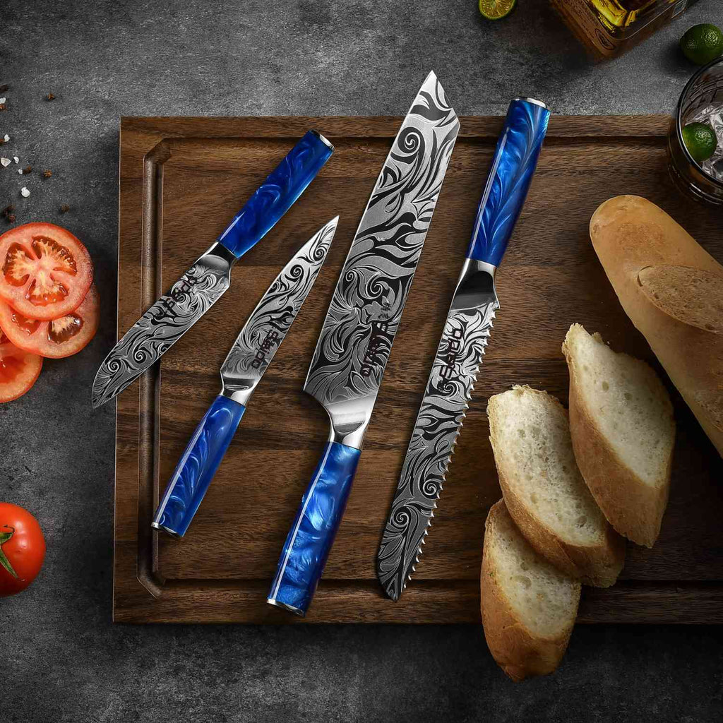 Blue handle 10-piece Japanese knife set with gyuto, kiritsuke, nakiri and santoku knives