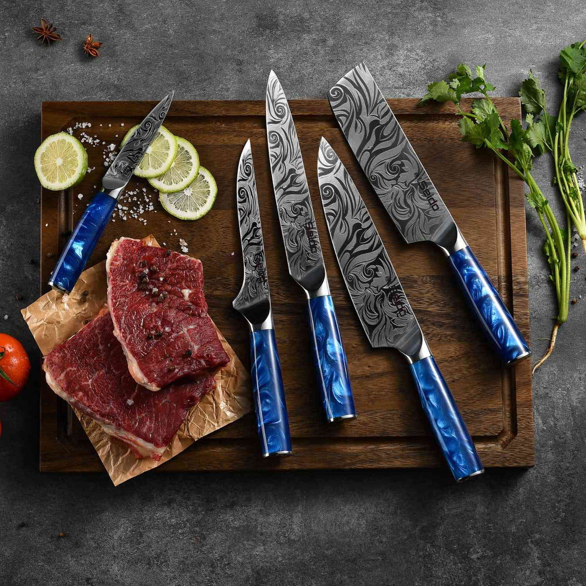 Tengoku 10-piece chef knife set with blue epoxy handles and full-tang construction