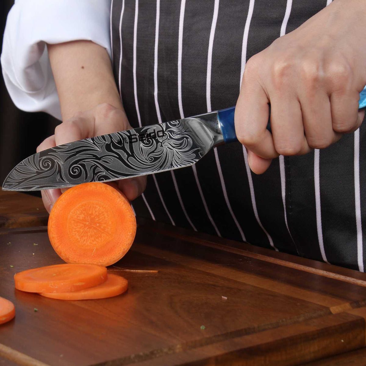 Japanese chef knife set with blue handles, santoku, utility and paring knives