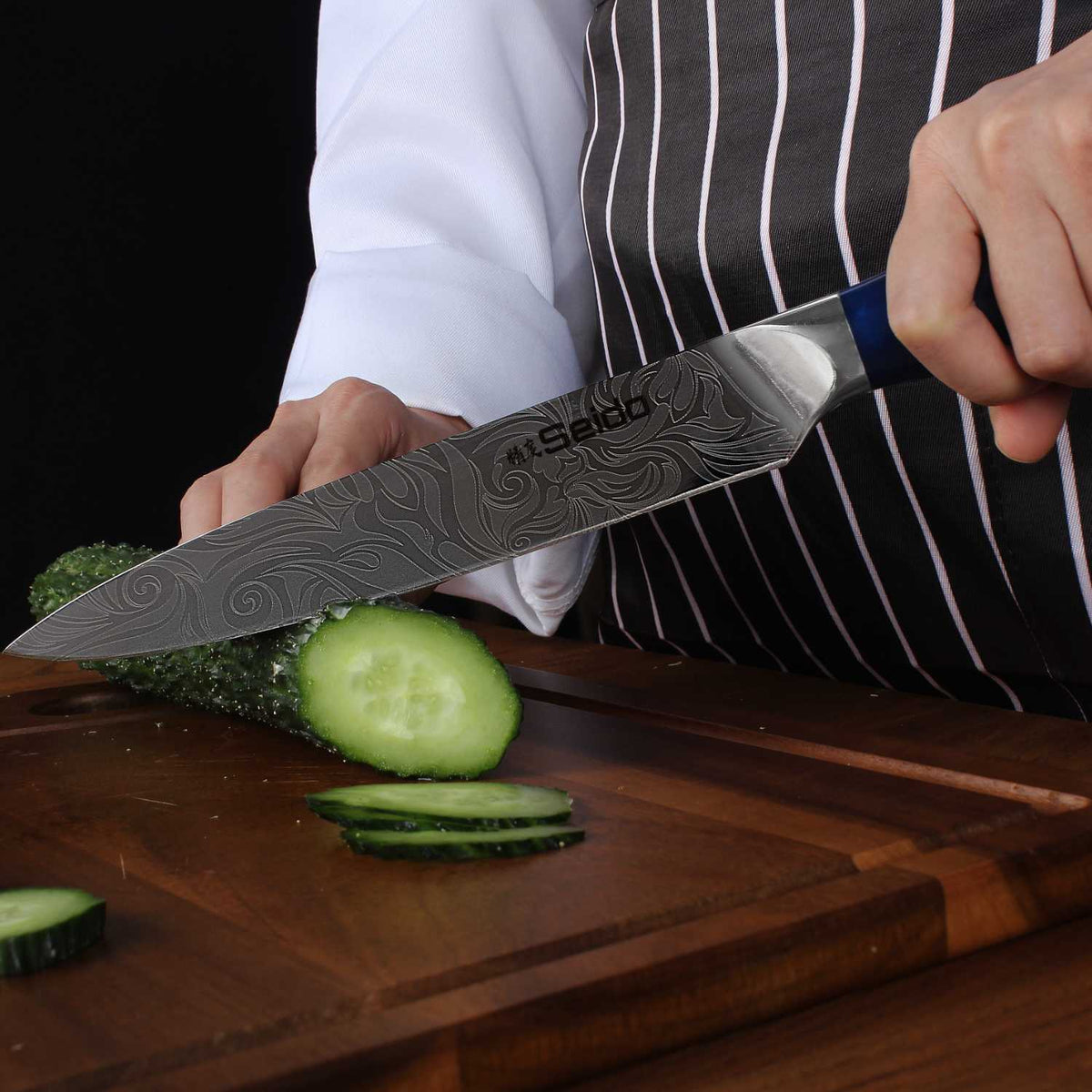Tengoku 10-piece chef knife set with blue handles for home cooks
