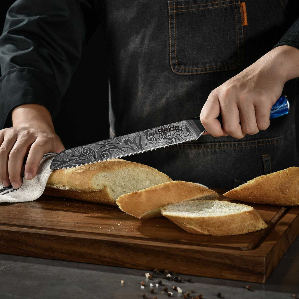 Tengoku 10-piece blue Japanese knife set, Damascus-pattern stainless blades
