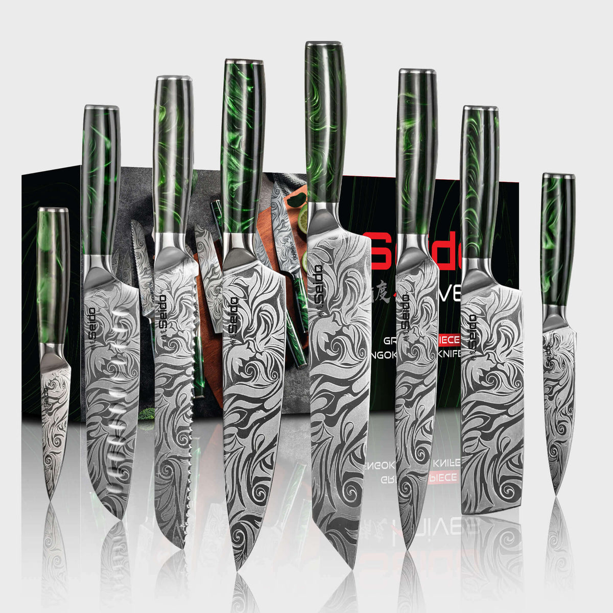 Tengoku 8-piece kitchen knife set with forest green handles, Damascus-pattern high-carbon stainless steel