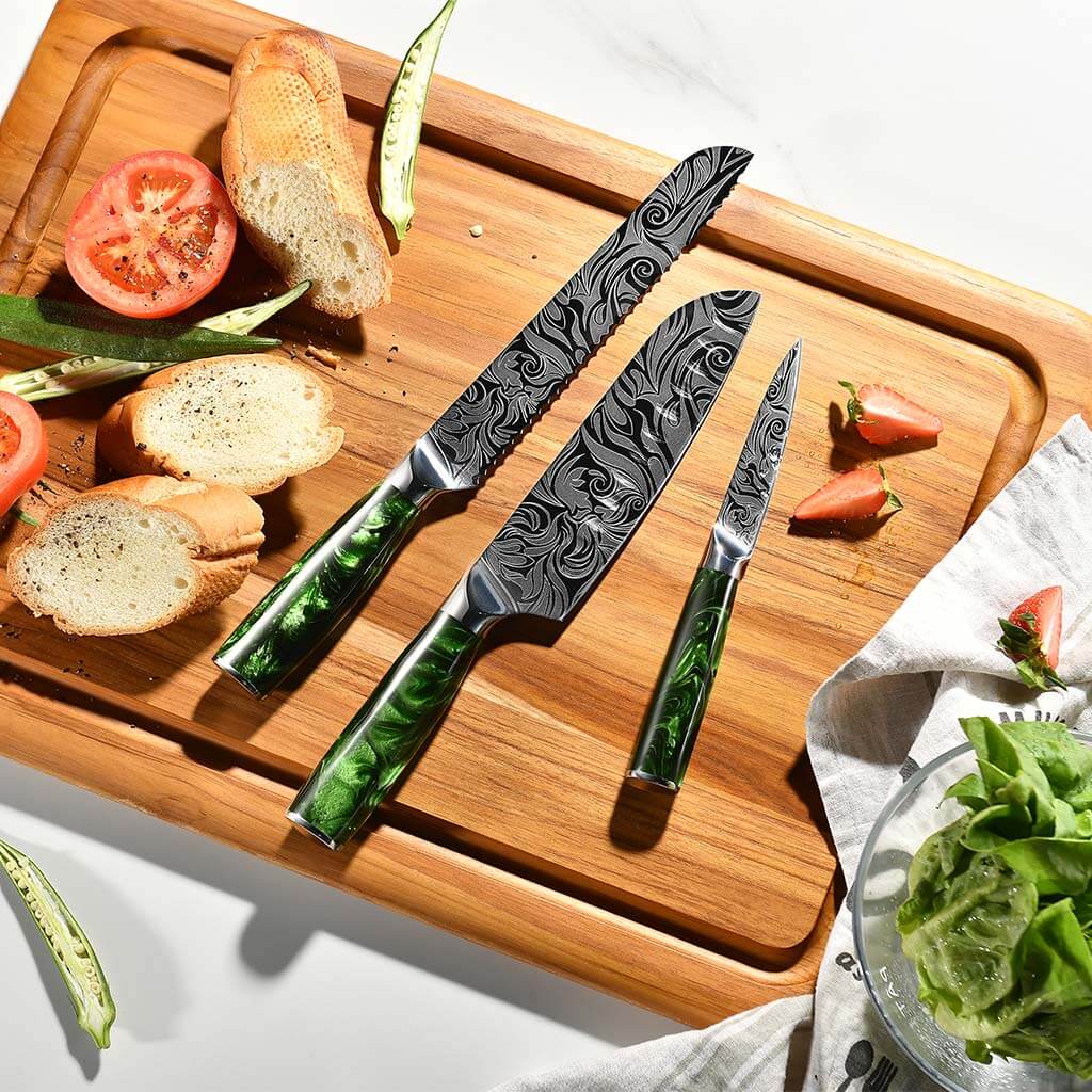 Green handle 8-piece Japanese knife set including gyuto, kiritsuke, nakiri and santoku