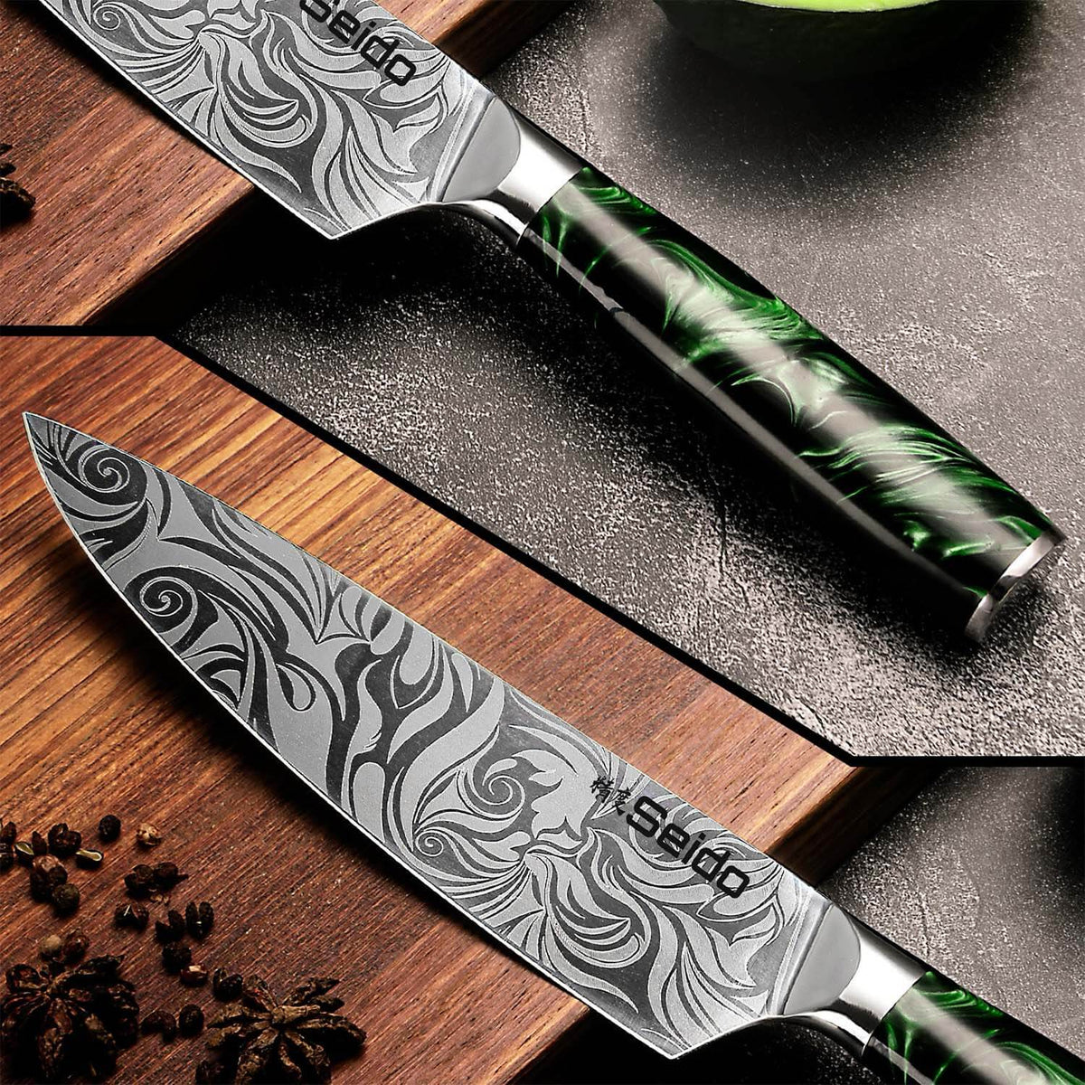 Tengoku green 8-piece knife set showing Damascus-pattern finish and stainless steel bolsters