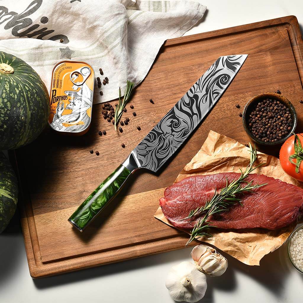 Japanese chef knife set with emerald green epoxy handles, slicing, serrated, utility and paring knives