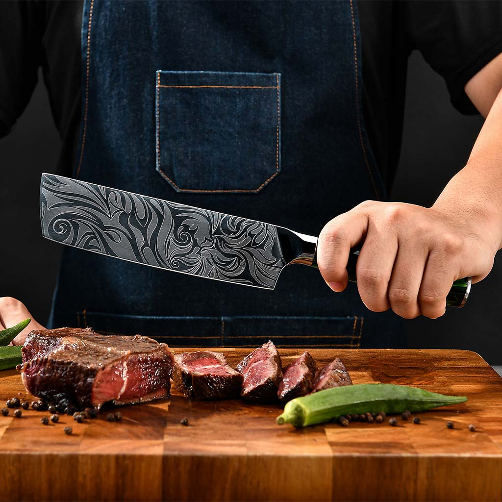 Tengoku 8-piece chef knife set, a green Damascus-pattern knife set for home cooks