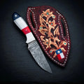 Texas flag Damascus cowboy skinner knife with resin handle and Texas flag leather sheath