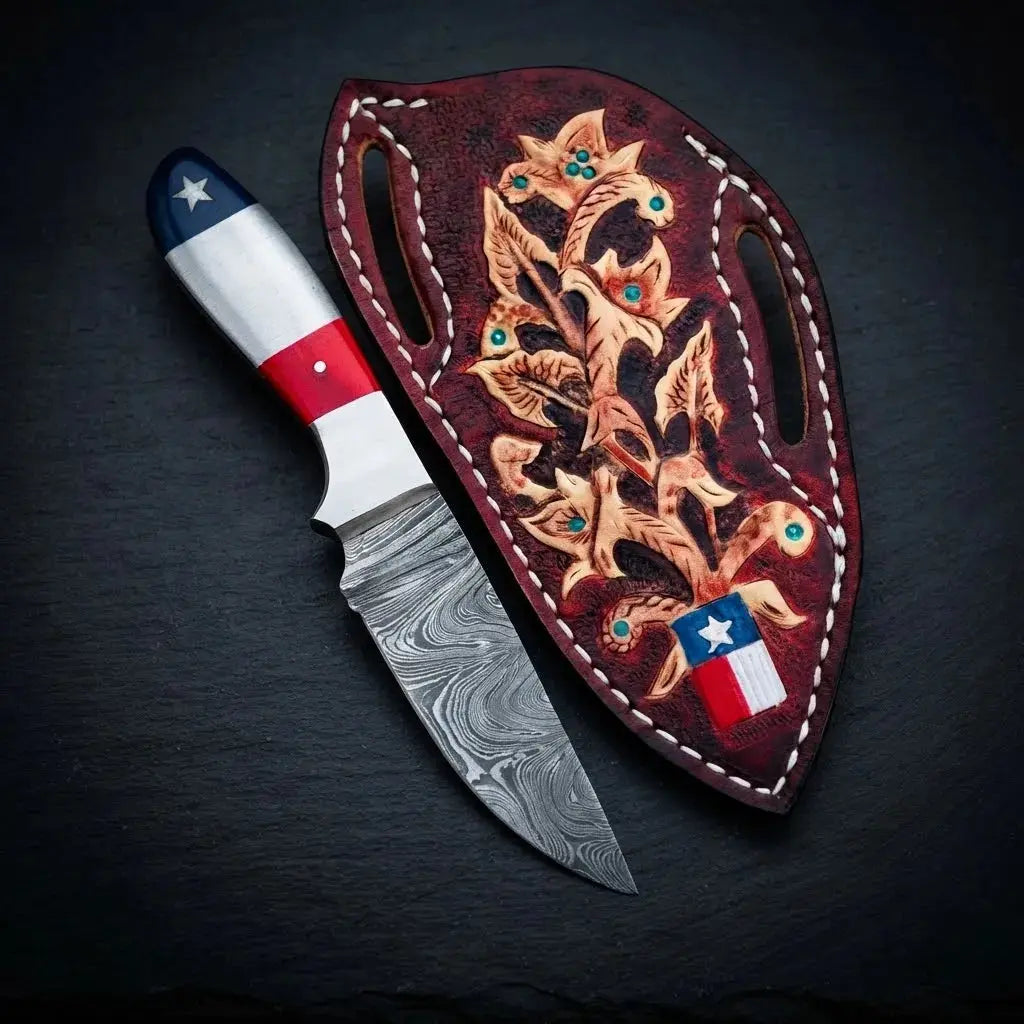 Texas flag Damascus cowboy skinner knife with resin handle and Texas flag leather sheath