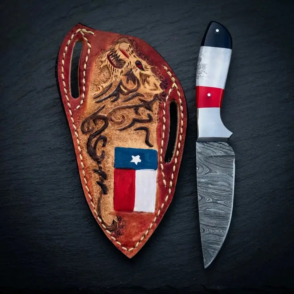 Damascus steel skinner knife with Texas flag resin handle and steel bolster